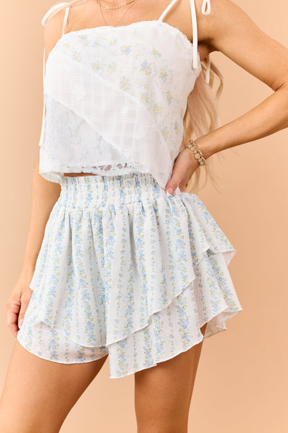 Ivory Floral Patchwork Lace Tie Strap Tank Top