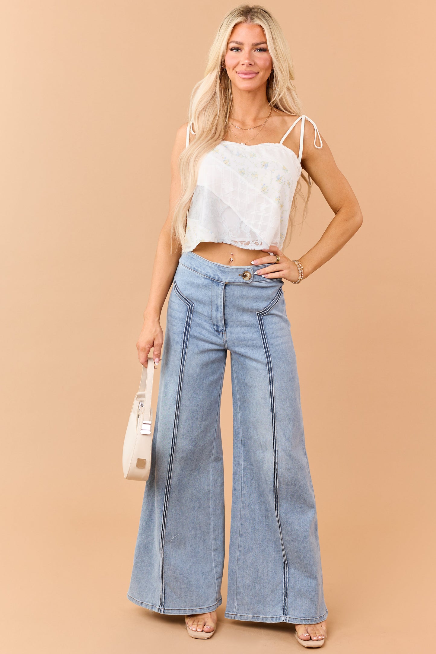 Ivory Floral Patchwork Lace Tie Strap Tank Top