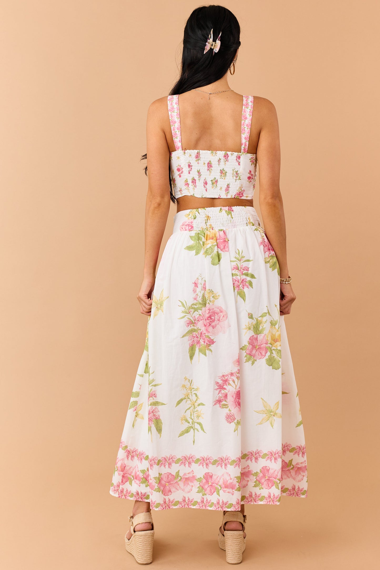 Ivory Floral Print Cotton Crop Top and Skirt Set
