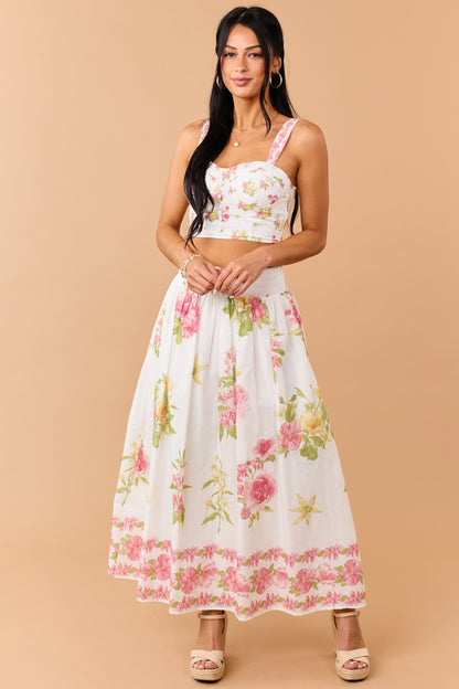 Ivory Floral Print Cotton Crop Top and Skirt Set