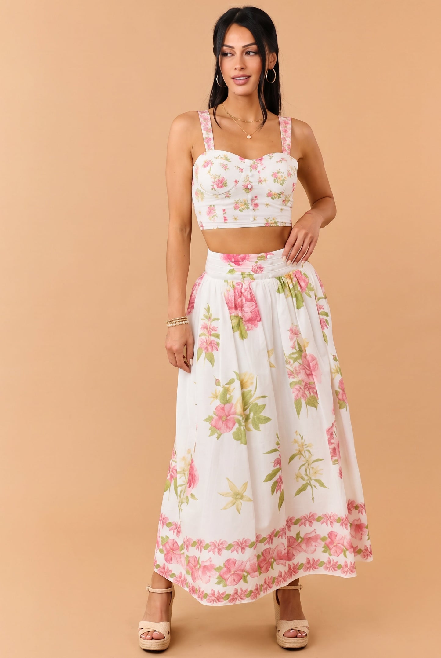 Ivory Floral Print Cotton Crop Top and Skirt Set