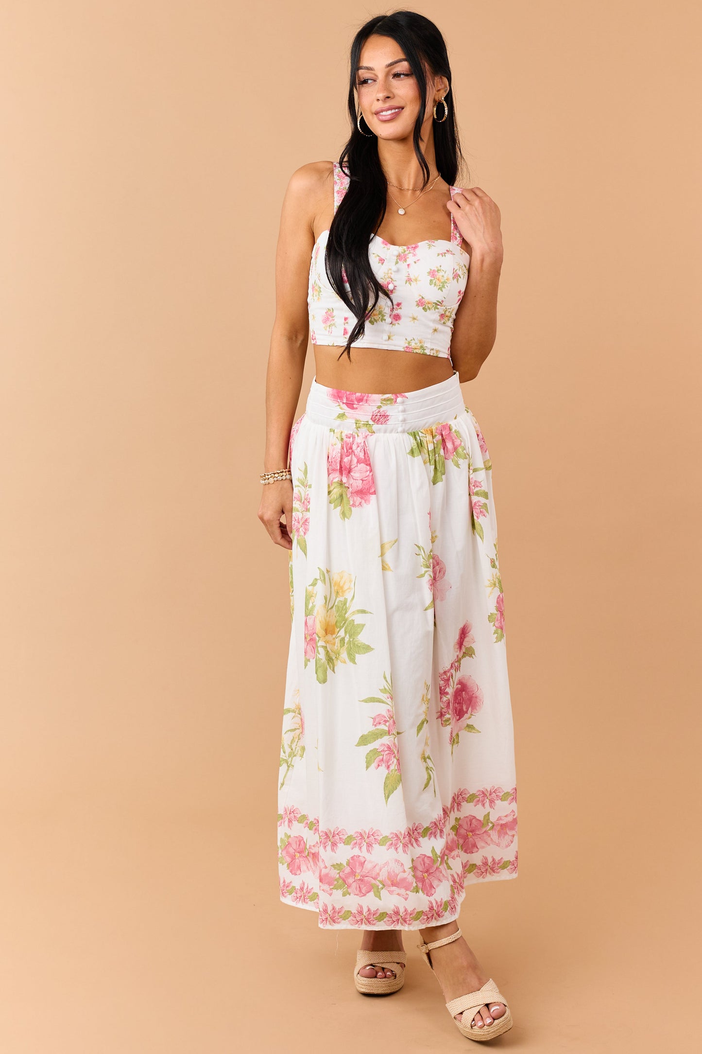 Ivory Floral Print Cotton Crop Top and Skirt Set