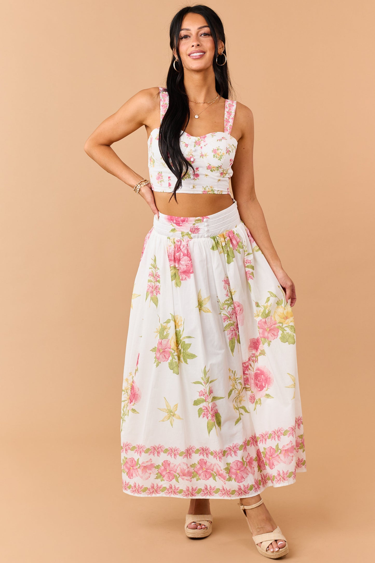 Ivory Floral Print Cotton Crop Top and Skirt Set
