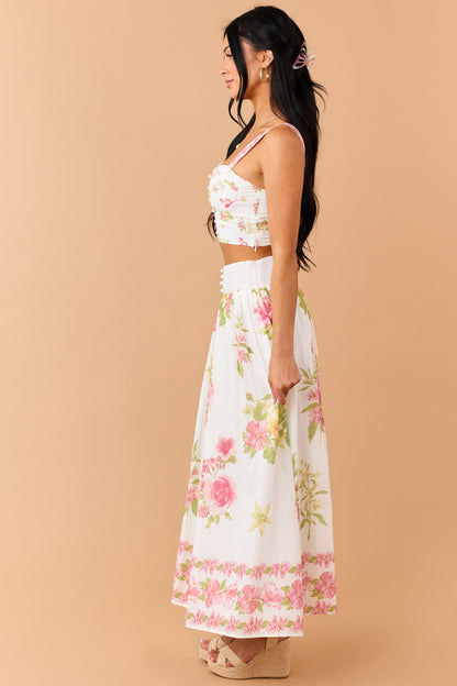 Ivory Floral Print Cotton Crop Top and Skirt Set
