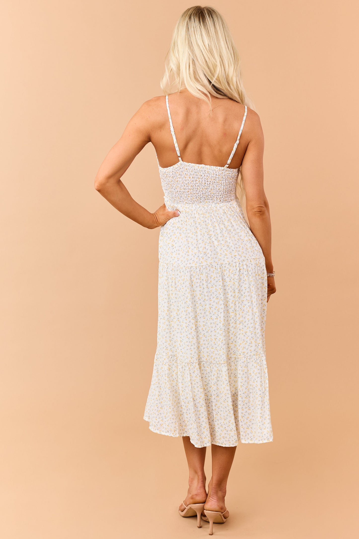 Ivory Floral Print Lace Trim Tiered Midi Dress