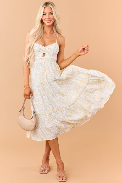 Ivory Floral Print Lace Trim Tiered Midi Dress