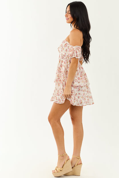 Ivory Floral Print Off the Shoulder Mini Dress