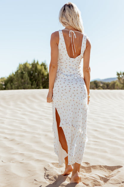 Ivory Floral Print Ruffle Trim Sleeveless Maxi Dress