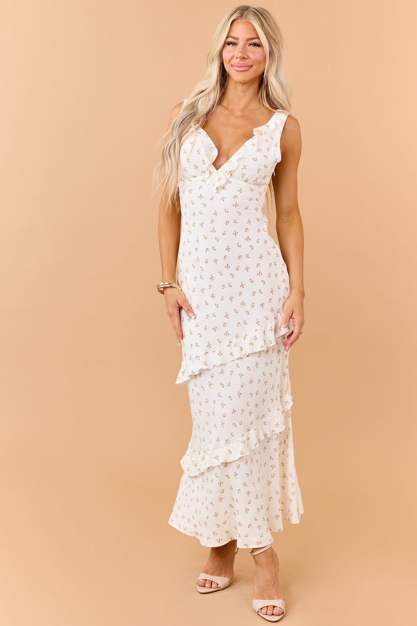 Ivory Floral Print Ruffle Trim Sleeveless Maxi Dress