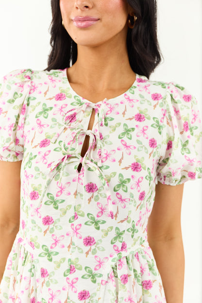 Ivory Floral Print Tie Neckline Puff Sleeve Mini Dress