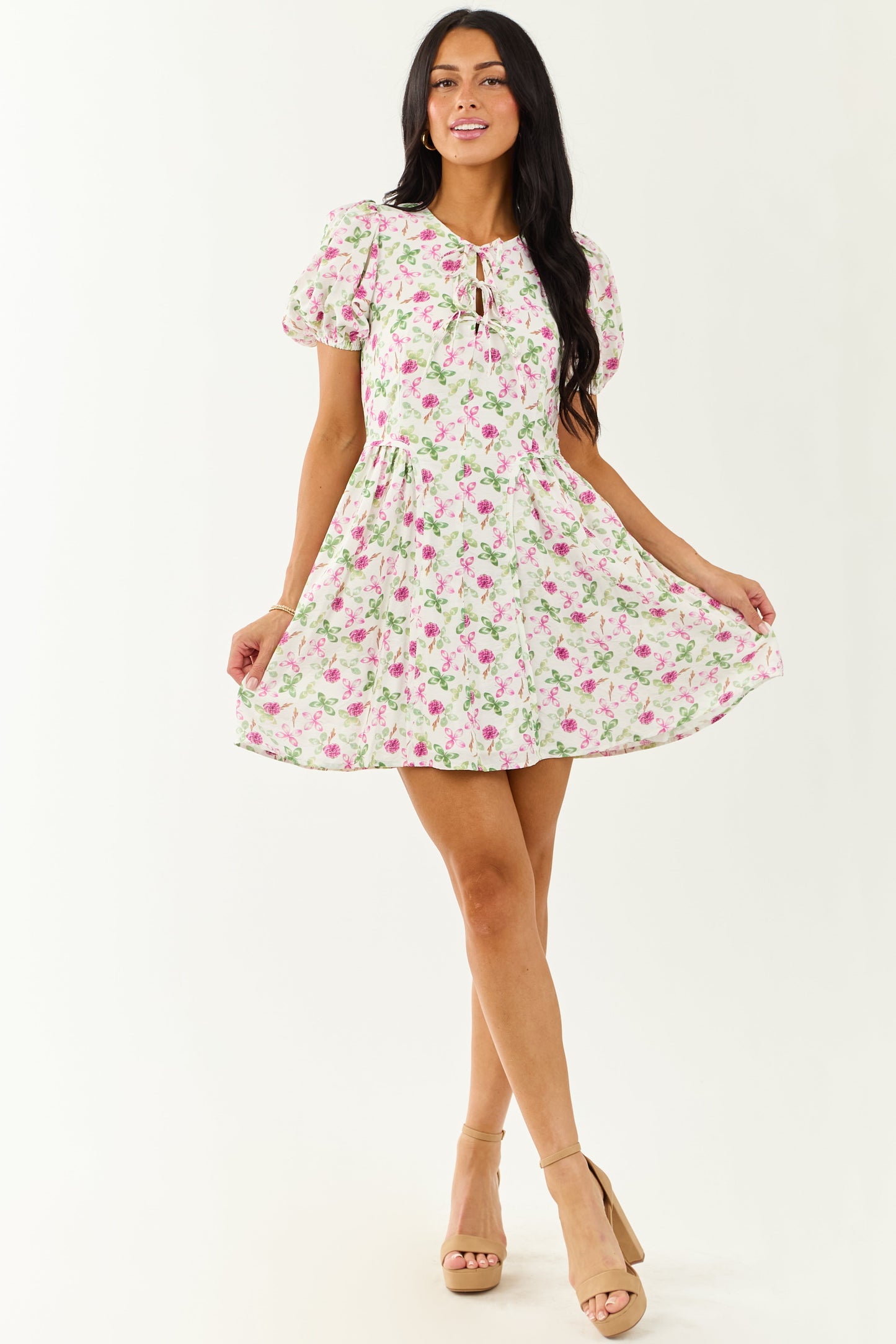 Ivory Floral Print Tie Neckline Puff Sleeve Mini Dress