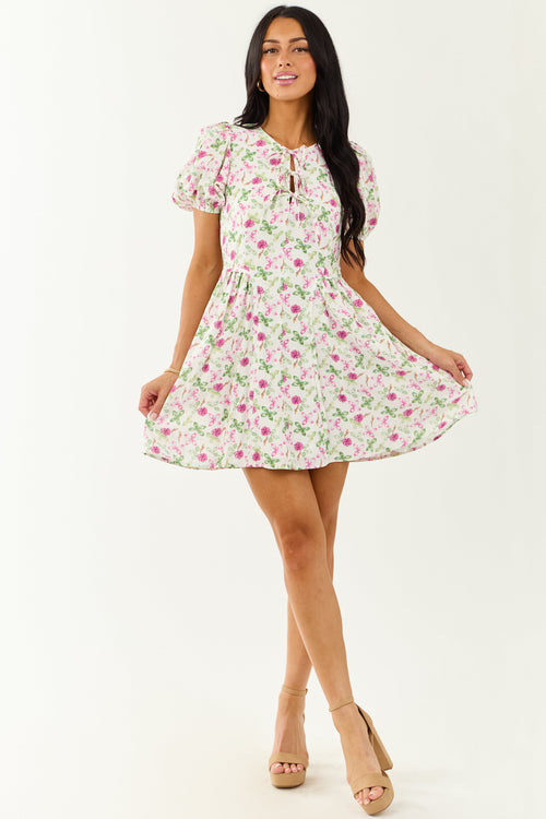 Ivory Floral Print Tie Neckline Puff Sleeve Mini Dress