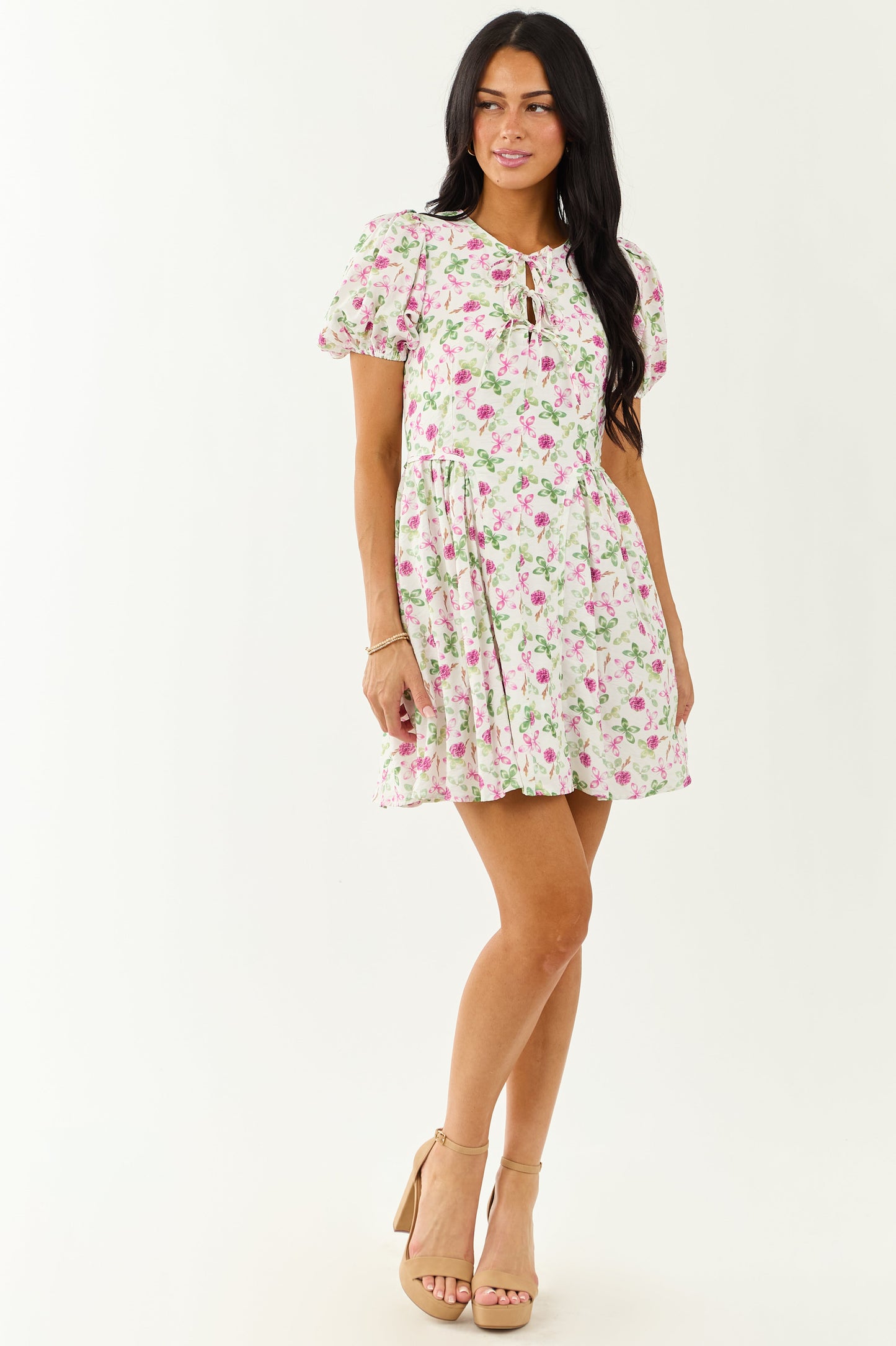 Ivory Floral Print Tie Neckline Puff Sleeve Mini Dress