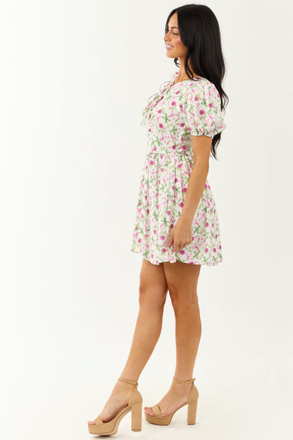Ivory Floral Print Tie Neckline Puff Sleeve Mini Dress