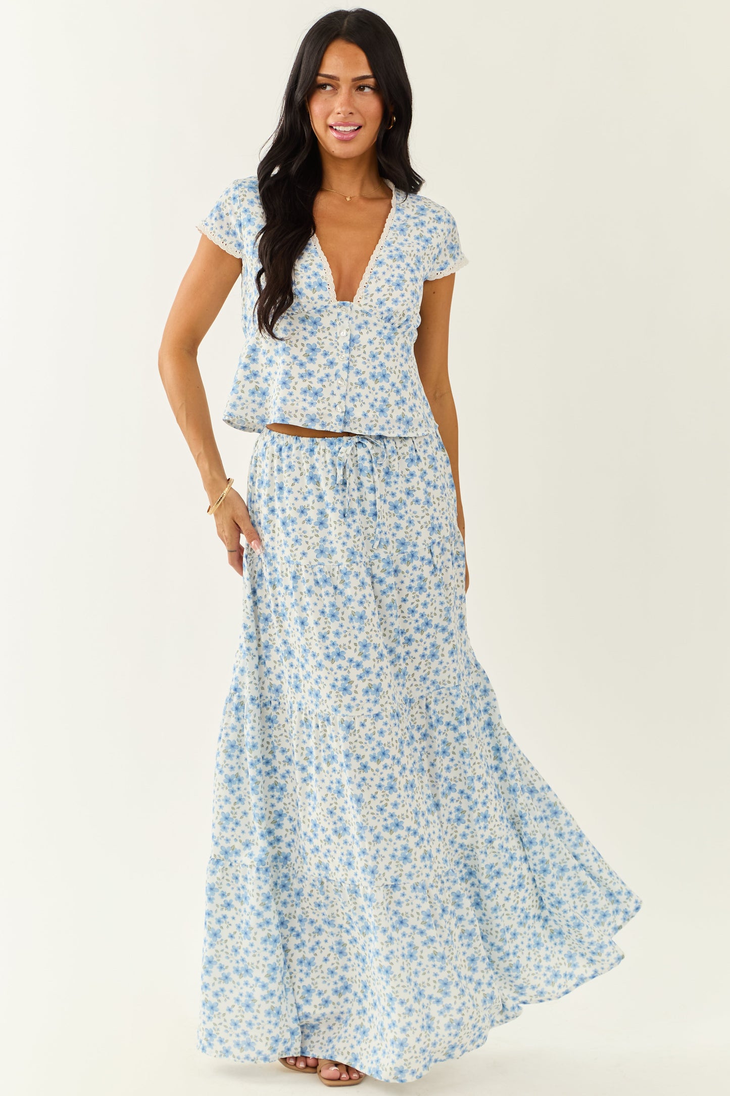 Ivory Floral Print Tiered Flowy Maxi Skirt