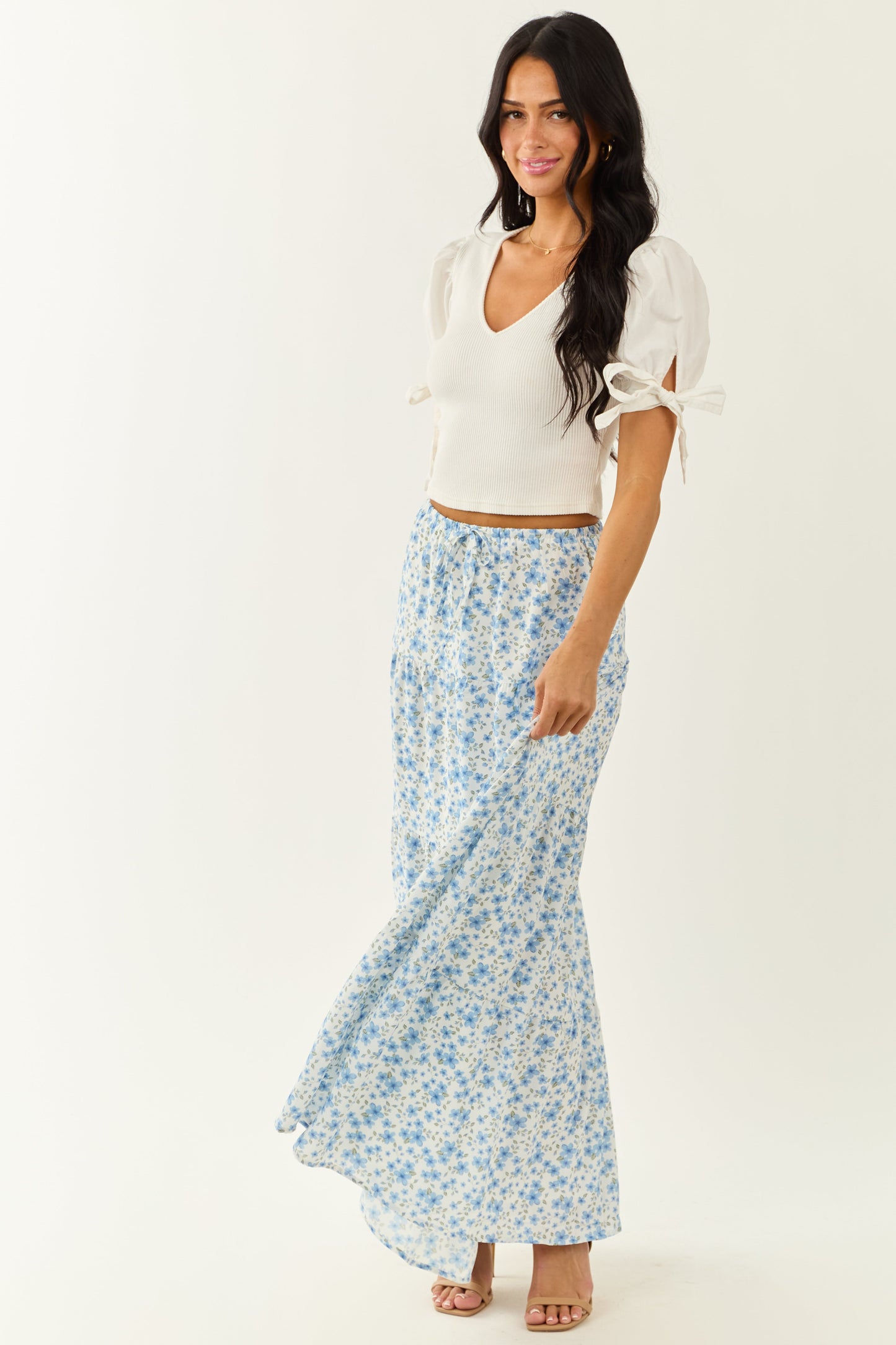 Ivory Floral Print Tiered Flowy Maxi Skirt