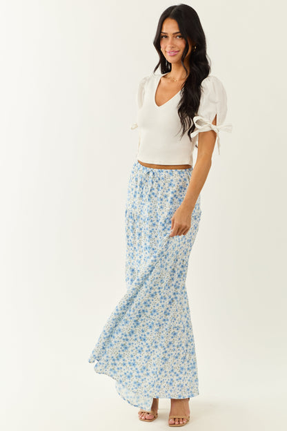 Ivory Floral Print Tiered Flowy Maxi Skirt