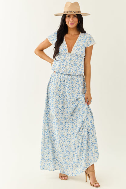 Ivory Floral Print Tiered Flowy Maxi Skirt