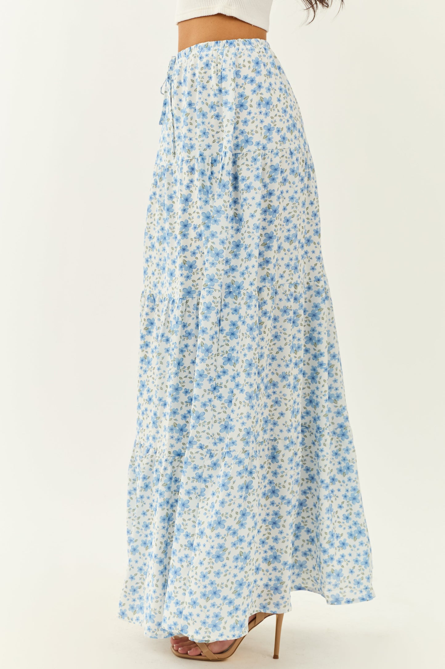 Ivory Floral Print Tiered Flowy Maxi Skirt