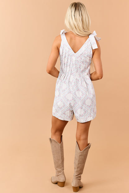Ivory Floral Print Twill Denim Pintuck Romper