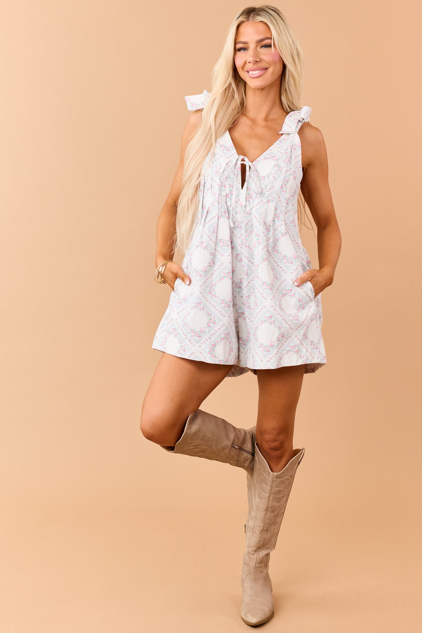 Ivory Floral Print Twill Denim Pintuck Romper