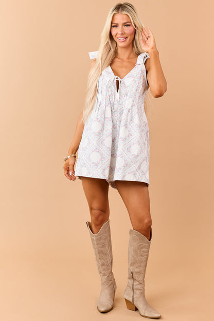 Ivory Floral Print Twill Denim Pintuck Romper