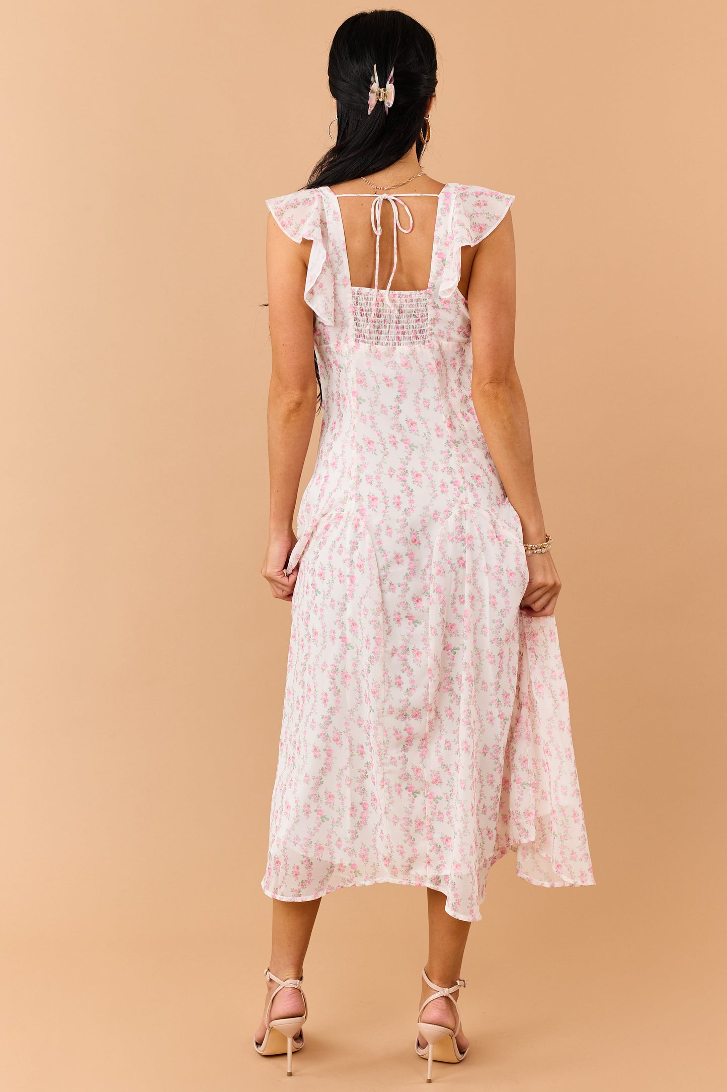 Ivory Floral Print V Neck Flutter Sleeve Midi Dress