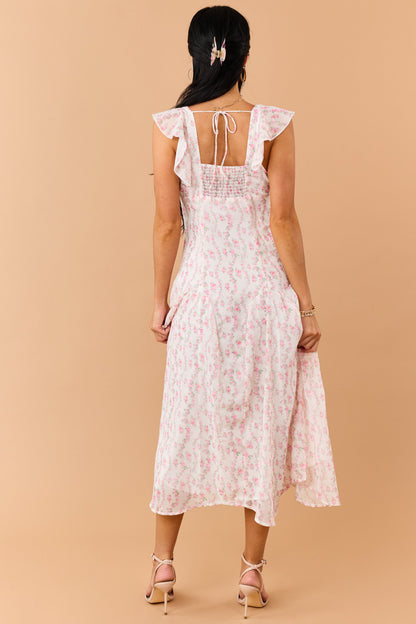 Ivory Floral Print V Neck Flutter Sleeve Midi Dress