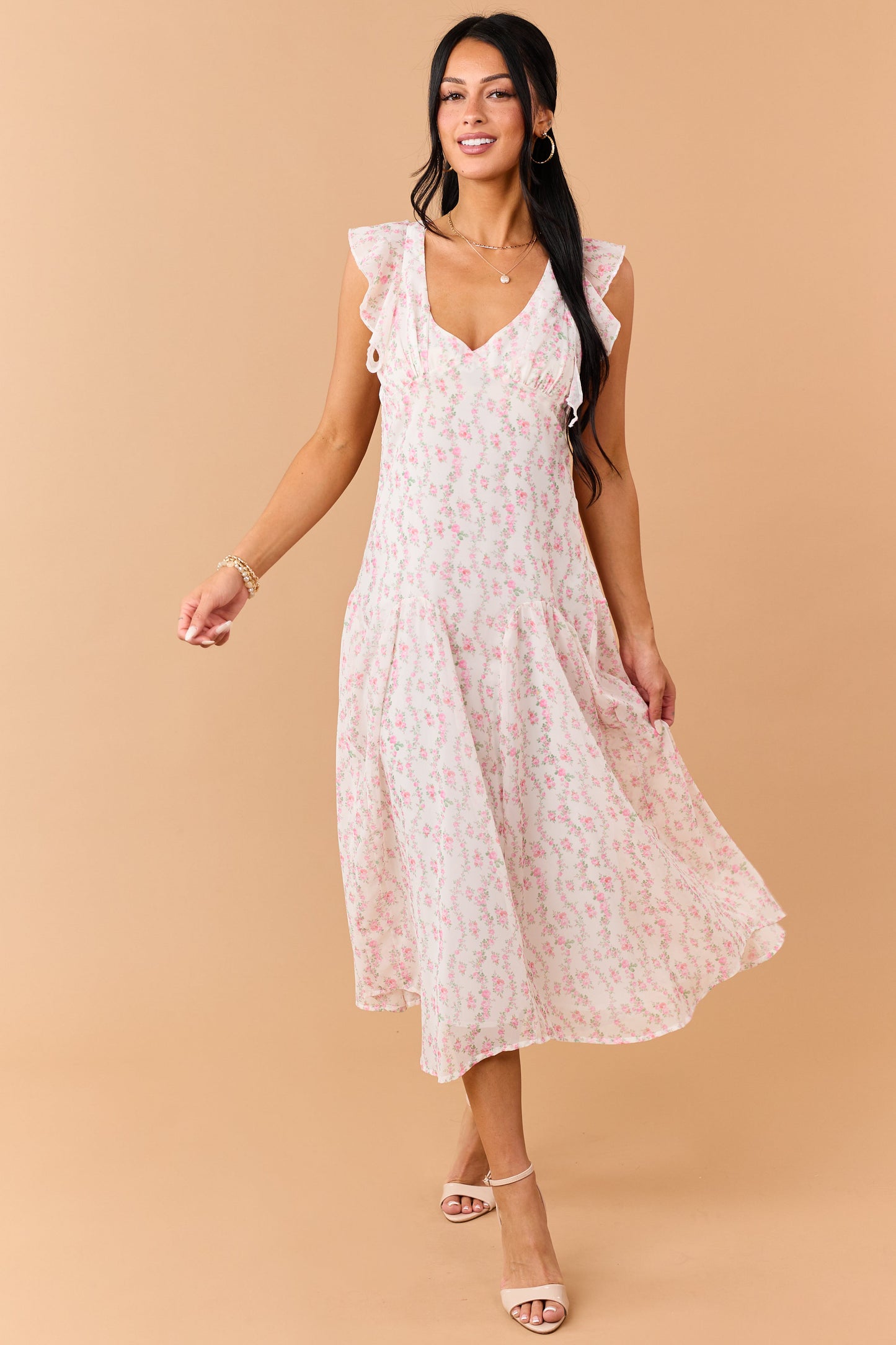 Ivory Floral Print V Neck Flutter Sleeve Midi Dress