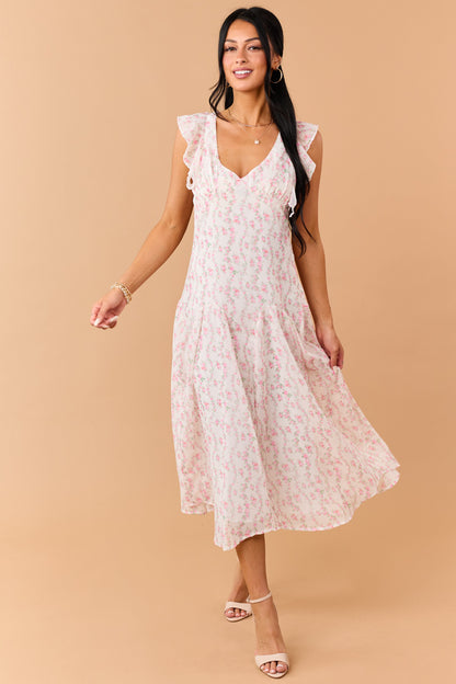 Ivory Floral Print V Neck Flutter Sleeve Midi Dress