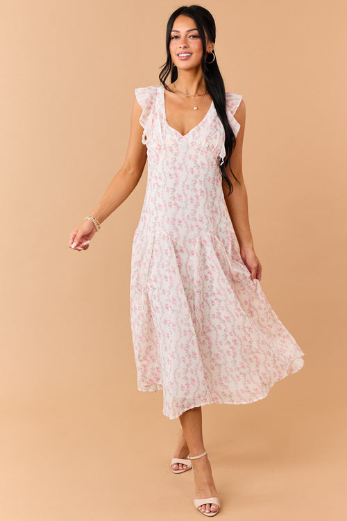Ivory Floral Print V Neck Flutter Sleeve Midi Dress