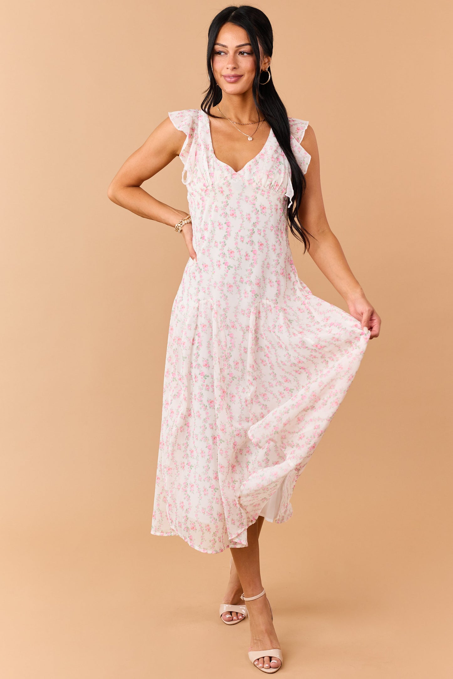 Ivory Floral Print V Neck Flutter Sleeve Midi Dress