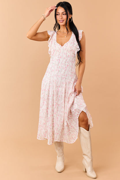 Ivory Floral Print V Neck Flutter Sleeve Midi Dress