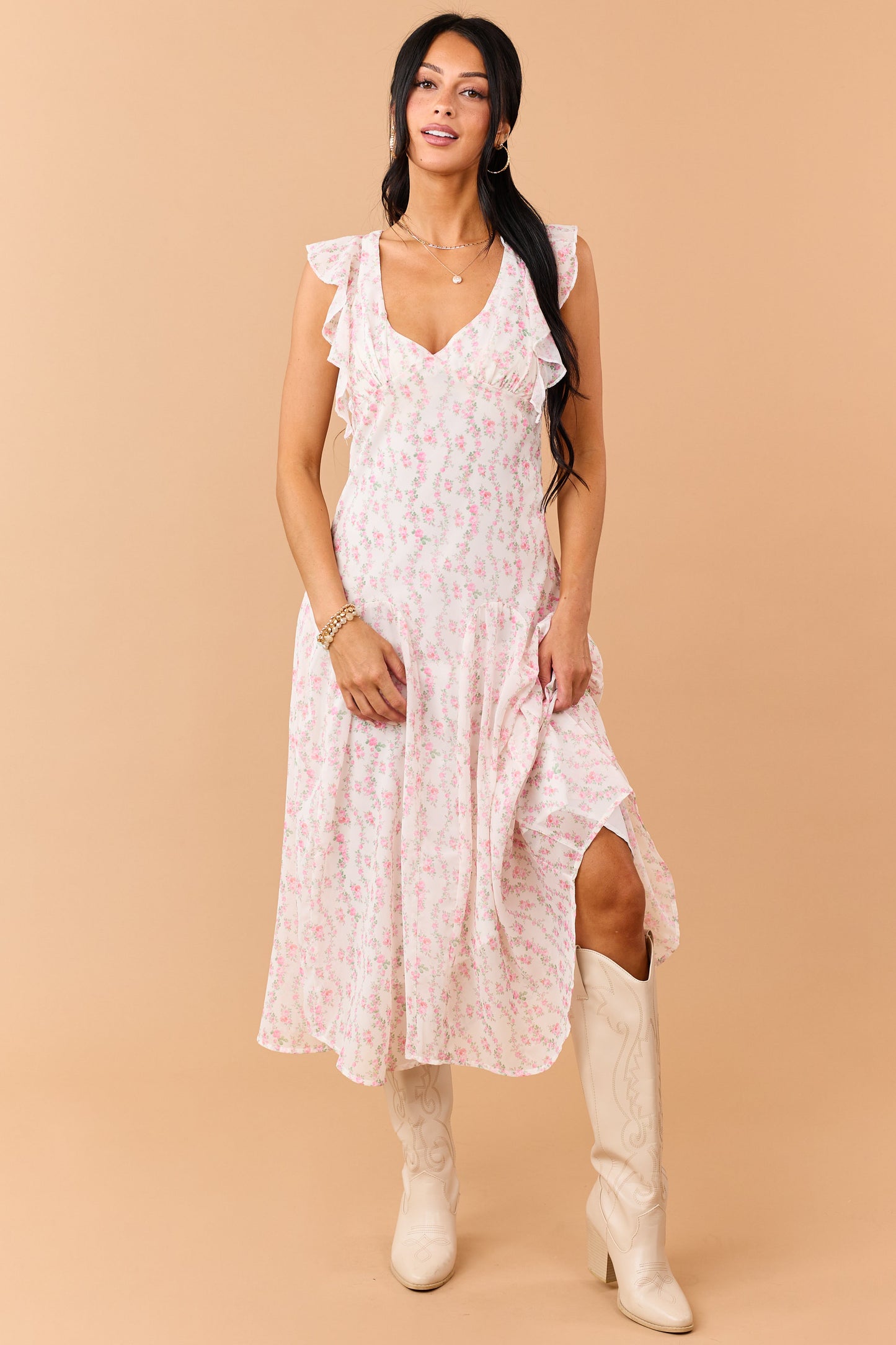 Ivory Floral Print V Neck Flutter Sleeve Midi Dress