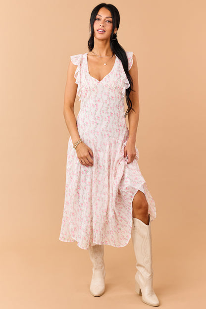 Ivory Floral Print V Neck Flutter Sleeve Midi Dress