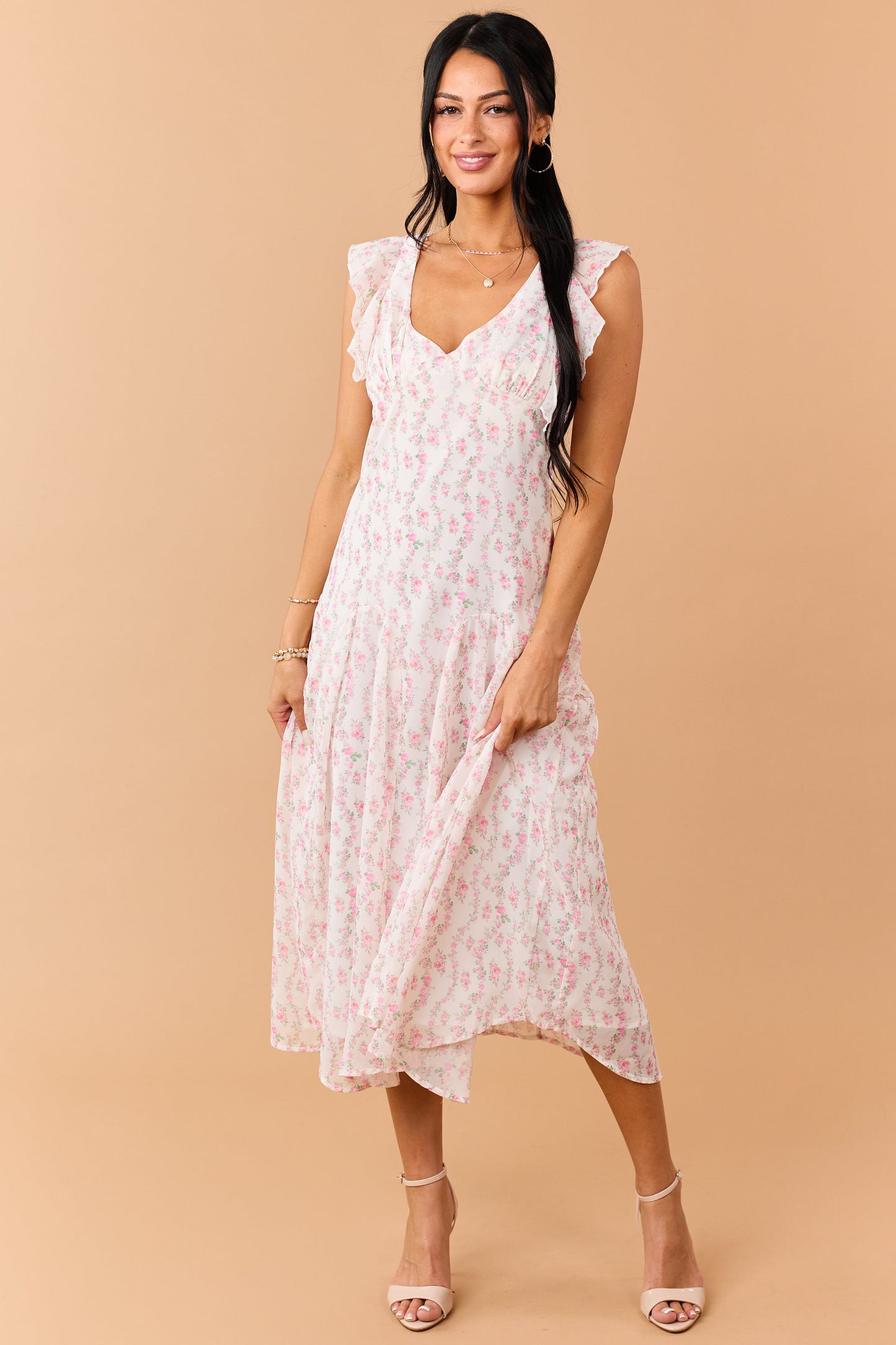 Ivory Floral Print V Neck Flutter Sleeve Midi Dress
