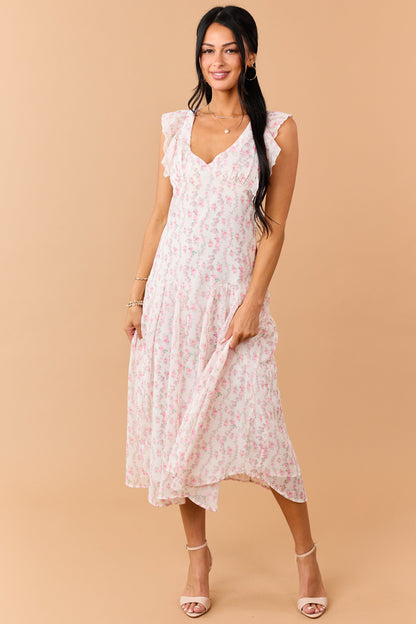 Ivory Floral Print V Neck Flutter Sleeve Midi Dress
