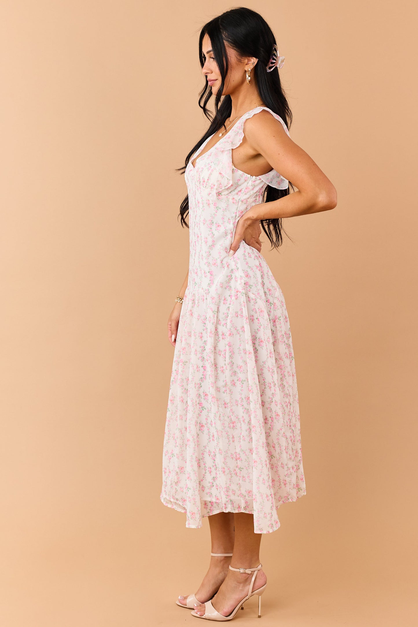 Ivory Floral Print V Neck Flutter Sleeve Midi Dress
