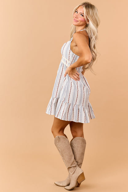 Ivory Floral Striped Halter Neck Mini Dress