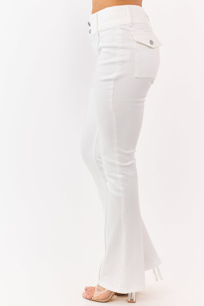 Ivory High Rise Pintuck Seam Stretchy Flare Jeans