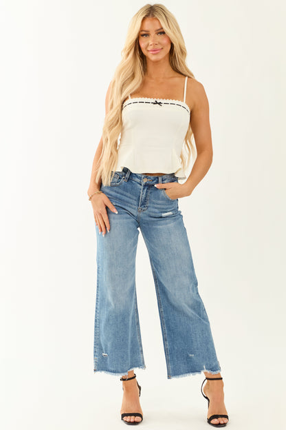 Ivory Lace Peplum Contrast Bow Cropped Tank Top