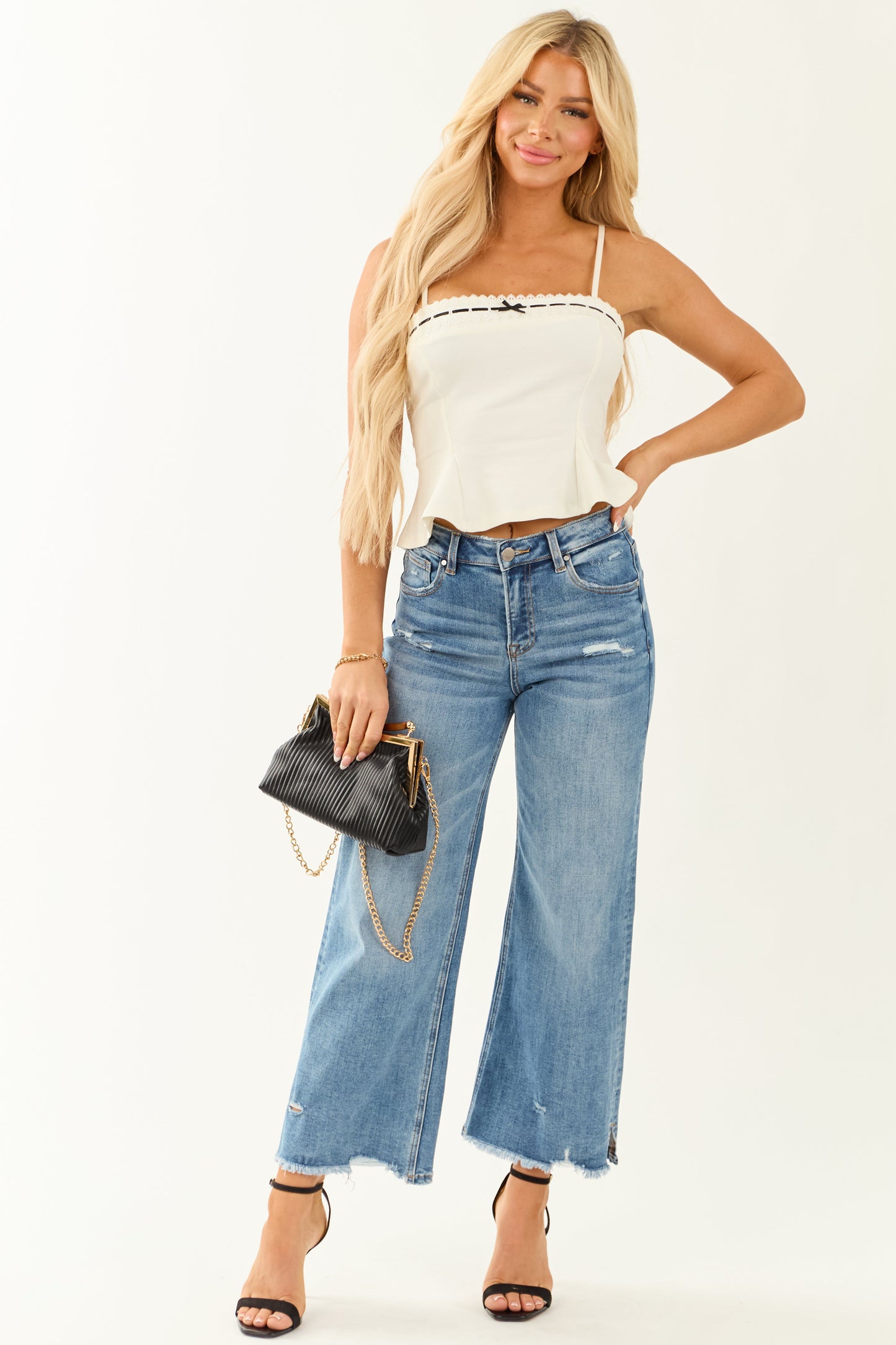 Ivory Lace Peplum Contrast Bow Cropped Tank Top