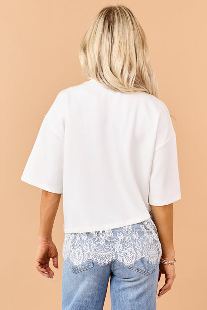 Ivory Lace Trim Asymmetrical Short Sleeve Top