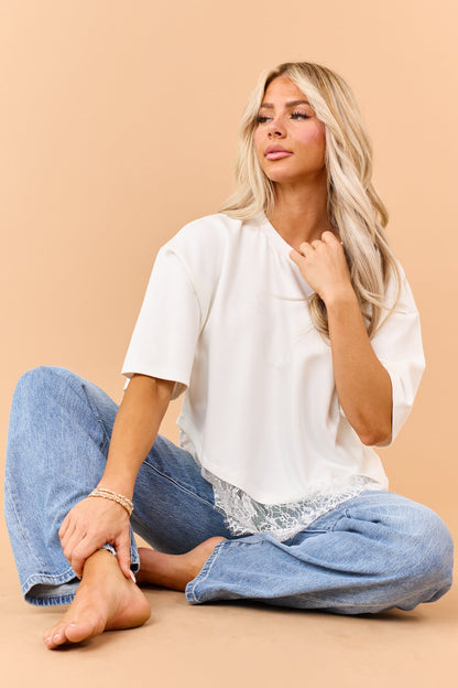 Ivory Lace Trim Asymmetrical Short Sleeve Top