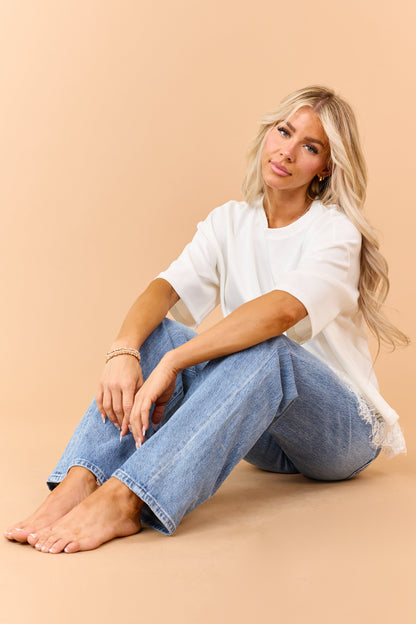 Ivory Lace Trim Asymmetrical Short Sleeve Top