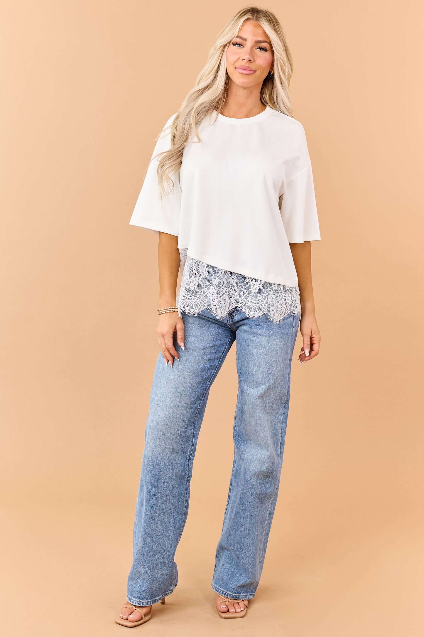 Ivory Lace Trim Asymmetrical Short Sleeve Top