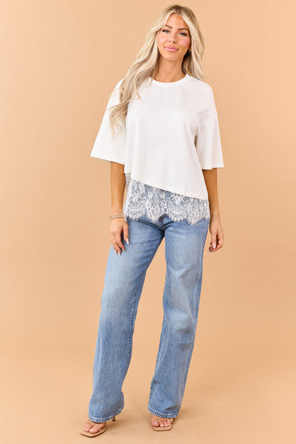 Ivory Lace Trim Asymmetrical Short Sleeve Top