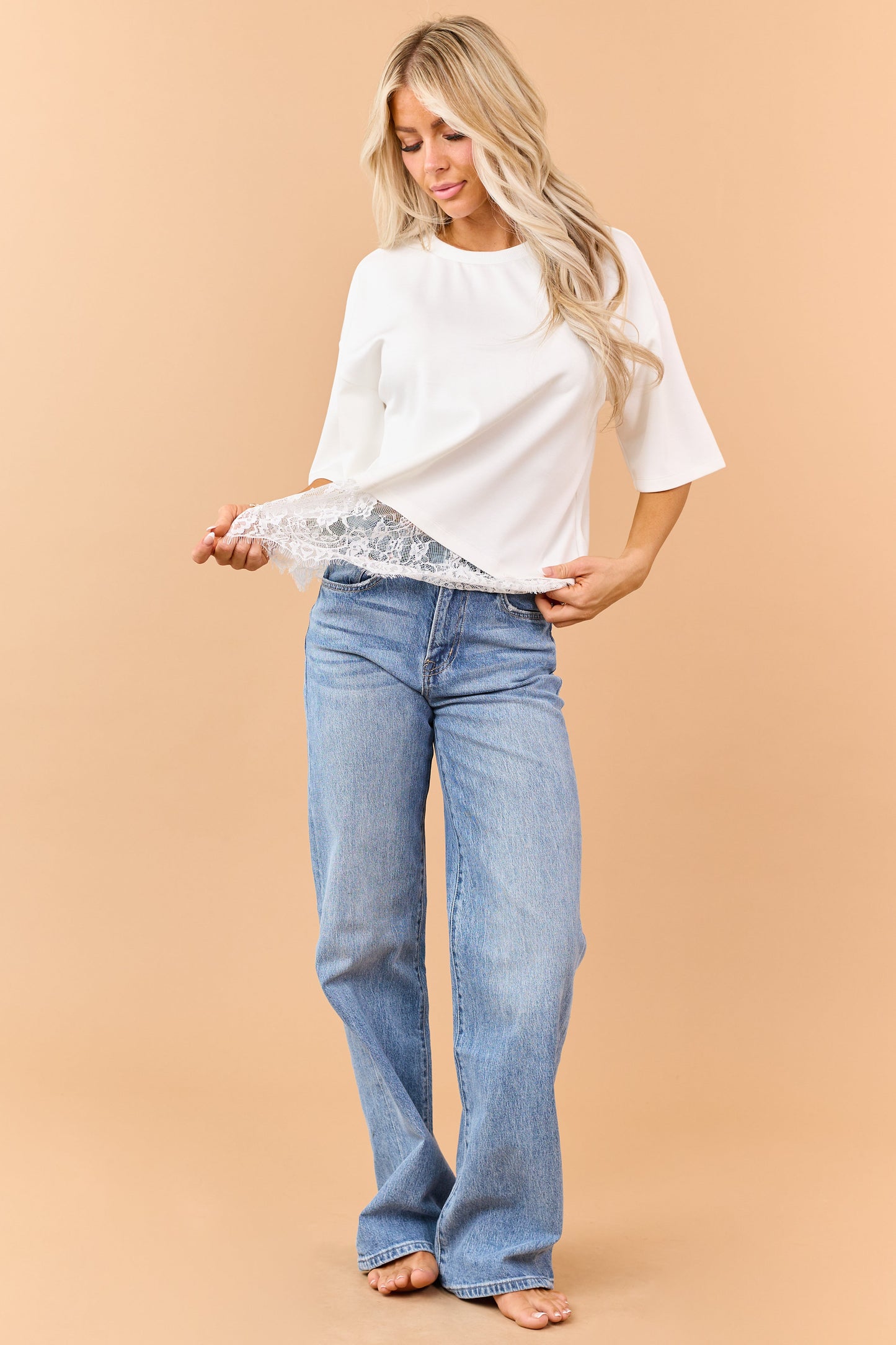 Ivory Lace Trim Asymmetrical Short Sleeve Top