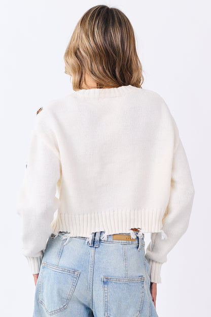 Ivory Large Grommet Cropped Knit Sweater
