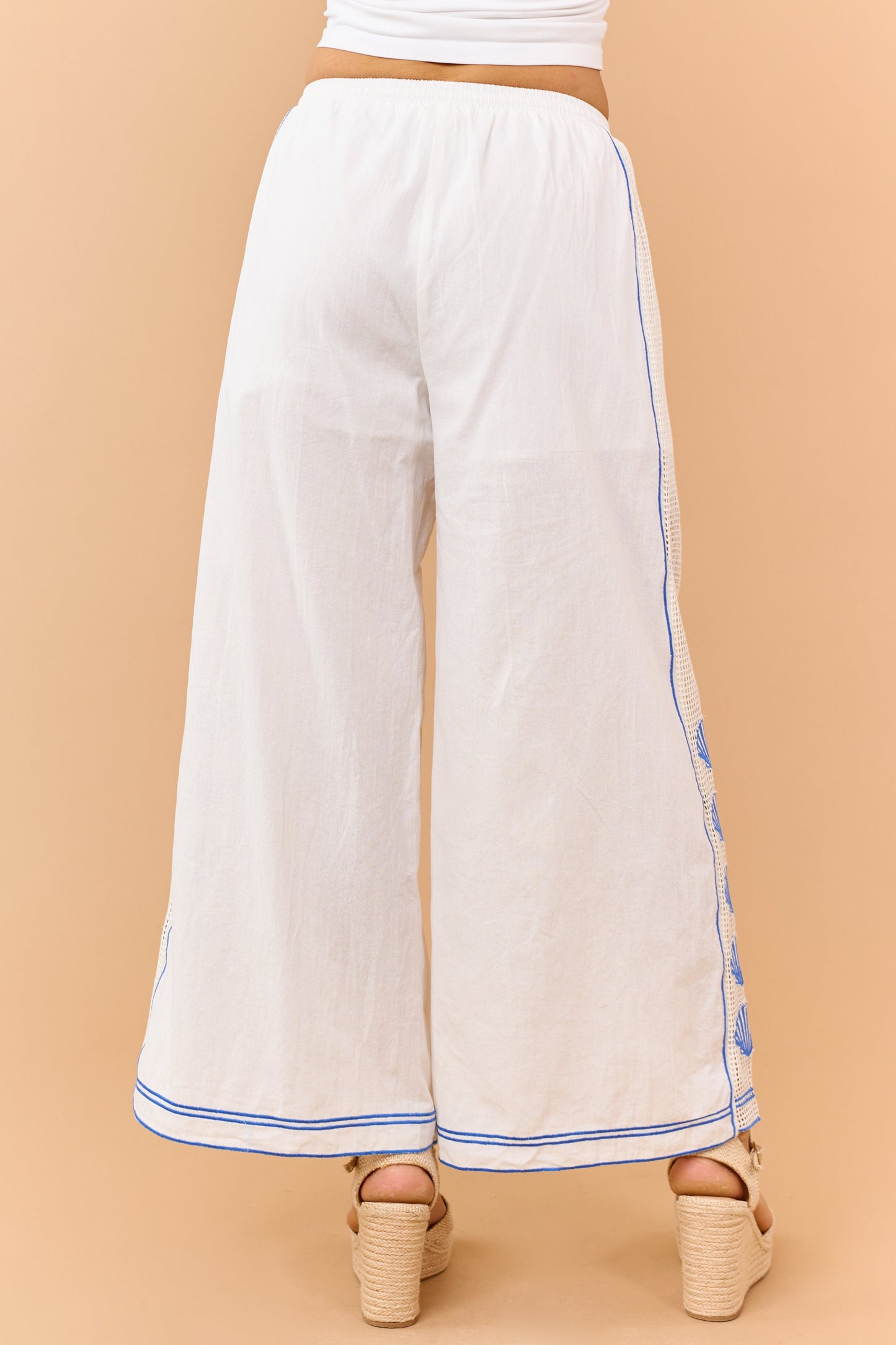 Ivory Open Knit Side Embroidered Shell Cotton Pants